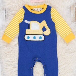 Royal Blue & Yellow Excavator Raglan Romper